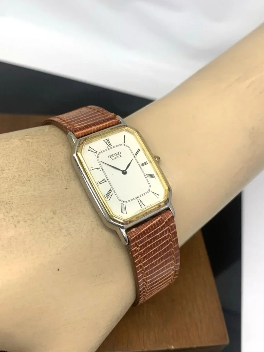 Seiko Watch 2320-6380 Quartz Tank Two Tone Case Brown Leather Strap 1981 25mm